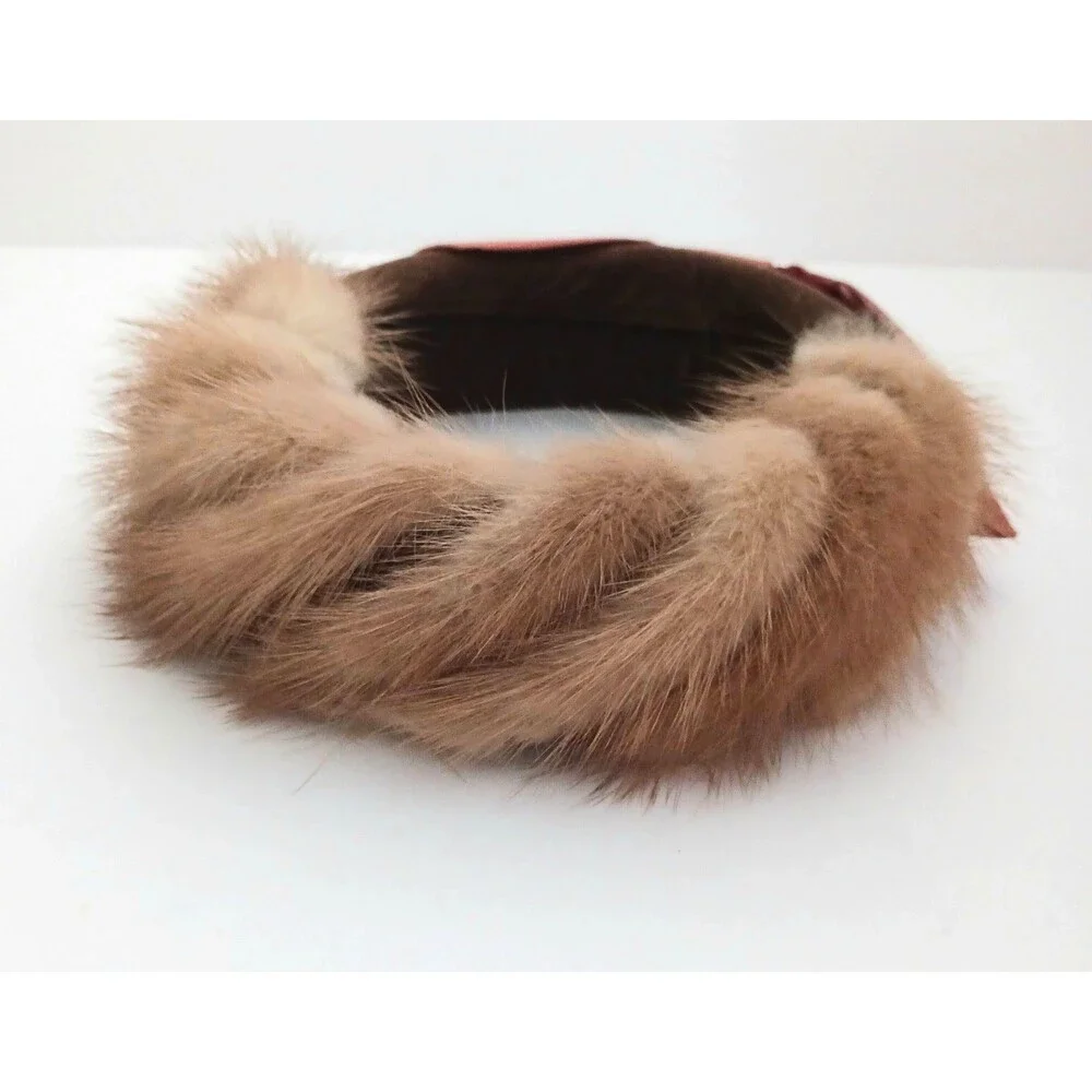 VTG Mink / Velvet Circle Hat Bronze Satin Bow Open Crown O/S